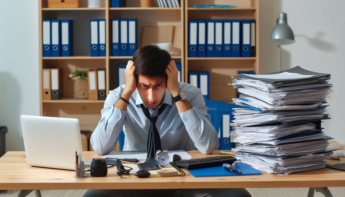 An image to represent presenteeism - someone in an office who is burned out but still coming to work
